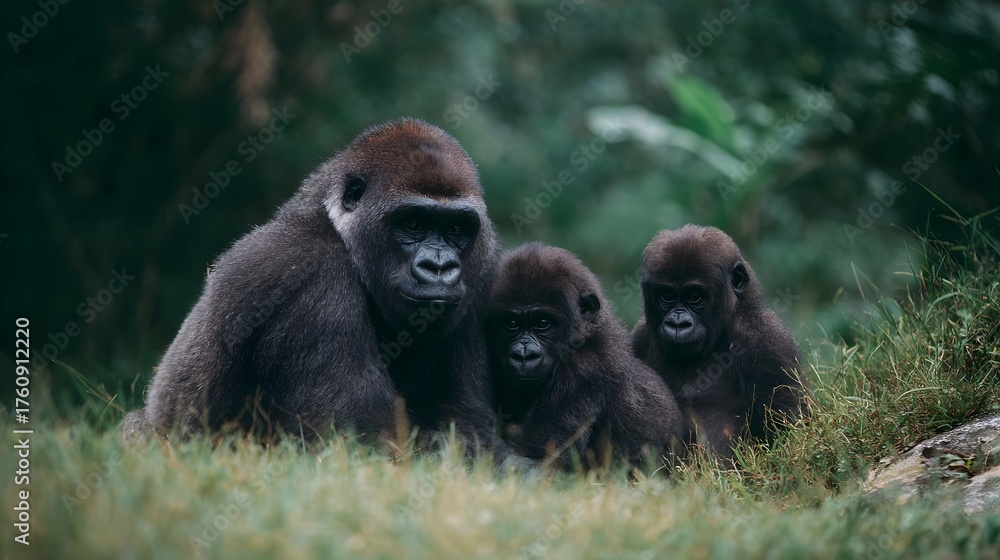 Fototapeta premium A gorilla family including an adult and two young primates rests peacefully in a lush natural habitat surrounded by greenery