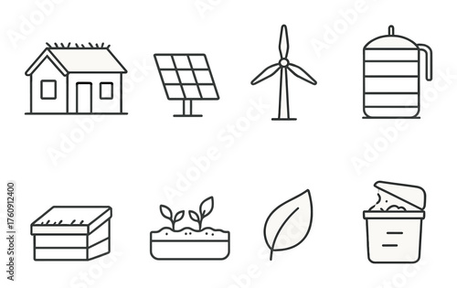 Eco-friendly icons: sustainable energy, recycling, green living, and composting symbols