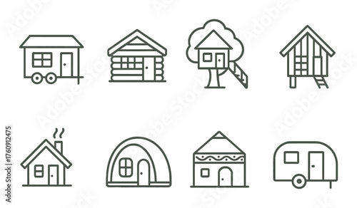Minimalist line drawings of various tiny houses and cabins