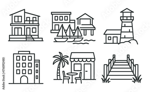 Outline illustrations of beachfront houses, boats, lighthouse, and tropical café