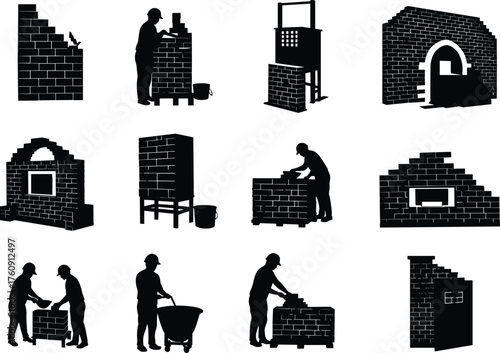 Bricklaying, Masonry, Construction, Workers, Silhouette, Structure, Wall, Arched, Trowel, Bucket, M