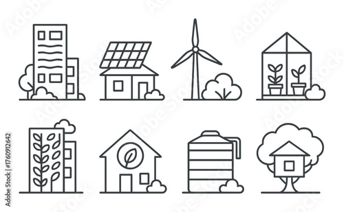 Icons of sustainable architecture and eco-friendly building design elements