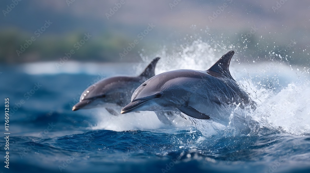 Fototapeta premium Two dolphins leap from the ocean surface creating a dramatic splash of water in a dynamic natural display