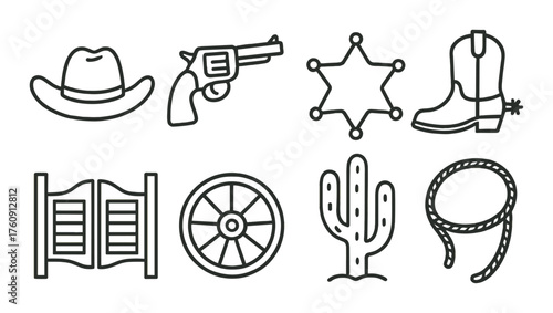 Vintage western icons set featuring cowboy essentials and desert elements
