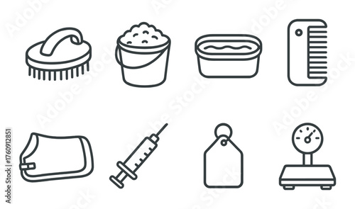 Equine care icons: brush, bucket, trough, comb, blanket, syringe, tag, scale