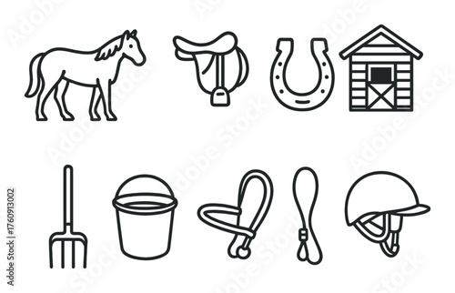 Horse riding icons set featuring saddle, horseshoe, stable, and more equestrian equipment