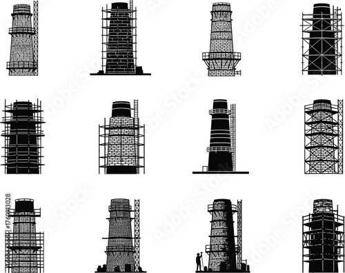Chimney, Smokestack, Construction, Silhouette, Scaffolding, Brickwork, Cylindrical, Industrial, Structure, Maintenance, Framework, Tower, 