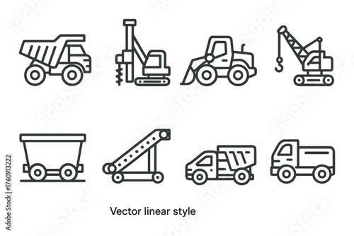 Monochrome construction equipment icons in linear vector style