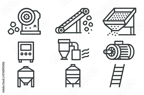 Industrial machinery icons featuring equipment for manufacturing and production