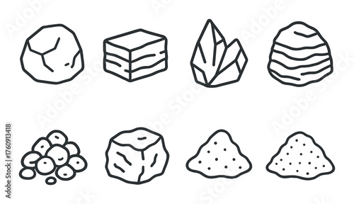 Various styles of rock and mineral icons on dark background