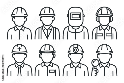 Outline icons of male construction and industrial workers in protective gear