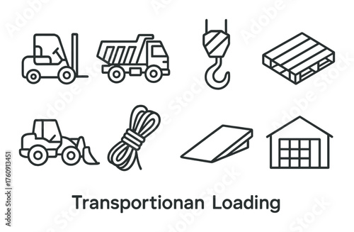 Transportation and loading icons: forklift, dump truck, hook, palette, loader, rope, ramp, warehouse