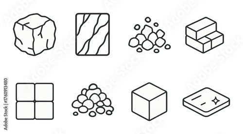 Minimalist icons set: rock, wood, gravel, brick, tile, pebble, cube, metal plate