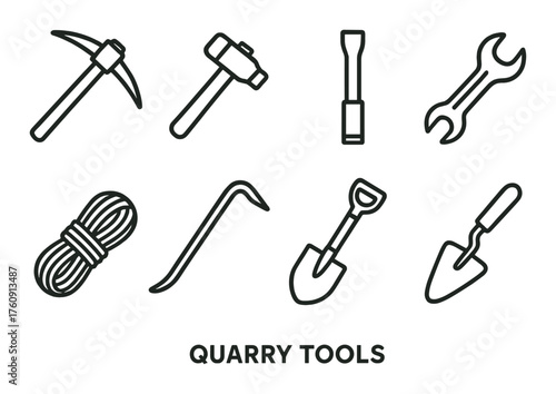 Essential quarry tools: pickaxe, hammer, wrench, rope, crowbar, shovel, trowel