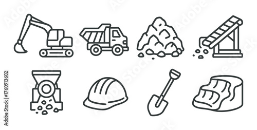 Construction equipment icons with excavator, dump truck, and hard hat on gray background