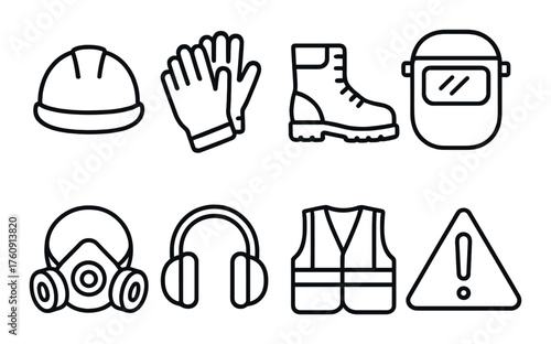 Essential safety equipment icons: helmet, gloves, mask, boots, vest, headphones, shield, warning sign