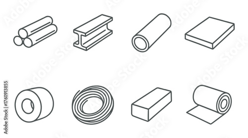 Industrial metal profiles: tubes, i-beams, bars, coils, sheets, rolls icons on gradient background