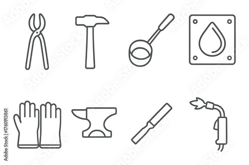 Metalworking tools icons set featuring hammer, anvil, torch, gloves, and more