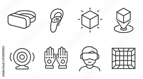 Virtual reality components: headset, controllers, cube, webcam, gloves, and 3d grid elements