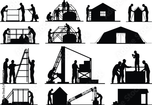 Construction Assembly Worker Frame Dome Tent House Roof Structure Shelter Building Teamwork Engineering Architecture Labor Project Site Industry Process
