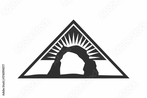 Abstract rock formation framed by triangle with sun rays creates minimalist monochrome image