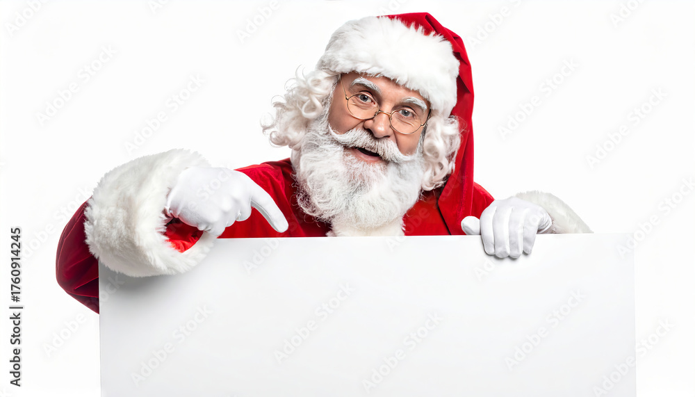 Naklejka premium Santa claus holding blank sign pointing down