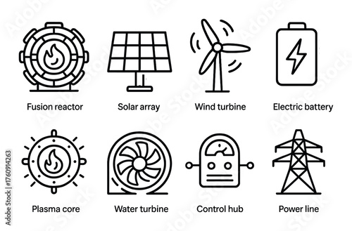 Energy systems icons: fusion reactor, solar, wind turbine, battery, infrastructure