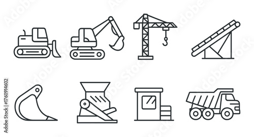 Set of eight outline construction icons featuring equipment and machinery