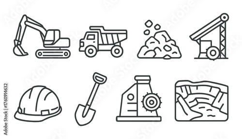 Construction equipment icons: excavator, dump truck, helmet, shovel, quarry, rock pile