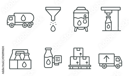 Milk processing icons: delivery, filtration, pasteurization, packaging, transport