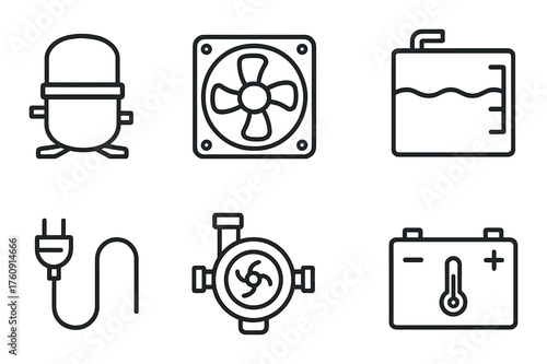 Monochrome icons of hvac equipment: fan, pump, thermostat, plug, tank