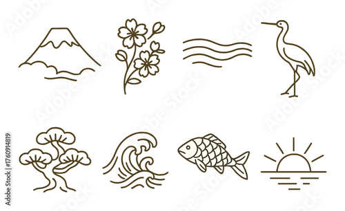 Japanese nature icons featuring fish, cherry blossom, wave, crane, and sunrise