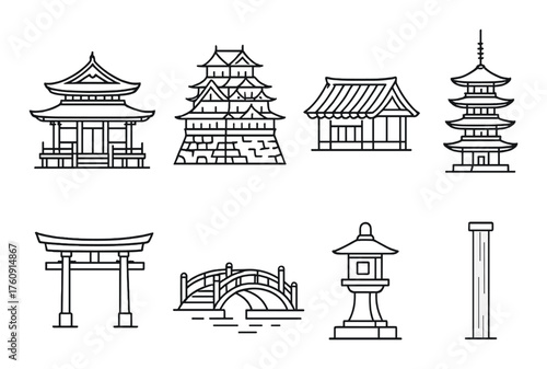 Minimalist icons of traditional japanese architecture and structures