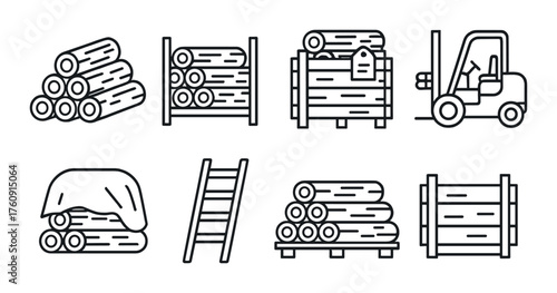 Lumber storage and handling: a variety of stacked logs and equipment icons