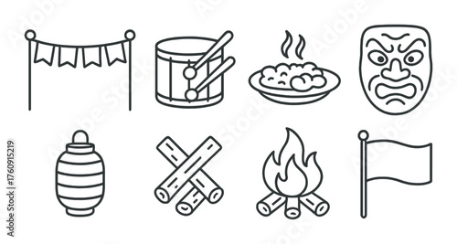 Abstract japanese festival icons: lantern, drum, food, mask, bonfire