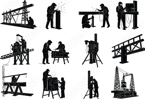 Steelwork, Welding, Crane, Beam, Truss, Construction, Workers, Silhouette, Machinery, Infrastructure, Assembly, Technician, Operation, Industrial, Site, 