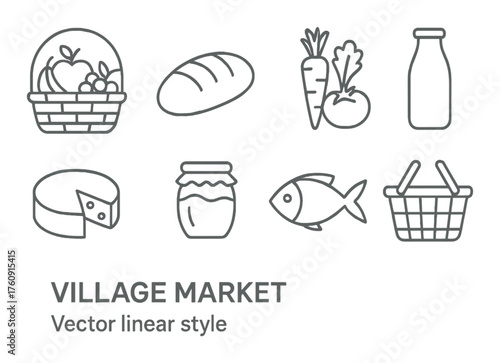 Village market icons: bread, milk, vegetables, cheese, and more in linear style