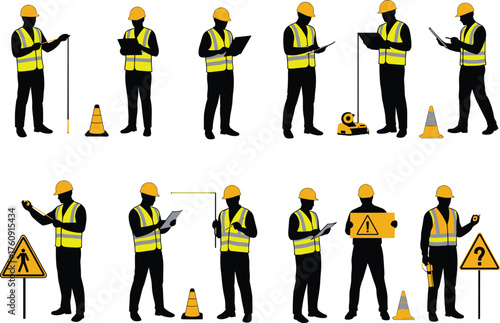Surveyor, Construction, Safety, Vest, Helmet, Measurement, Tools, Silhouette, Laser, Tape, Tablet, Wheel, Site, Worker, Equipment, Inspection, Mapping, Terrain, Positioning, Task