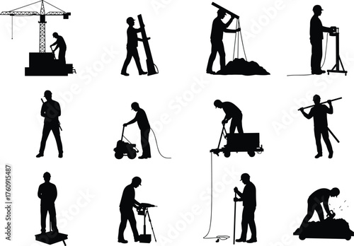 Construction, Worker, Silhouette, Surveying, Crane, Tripod, Shovel, Jackhammer, Pipe, Beam, Cart, Compacting, Measuring, Planning, Equipment, Technician, Labor, Task, Infrastructure, Manual