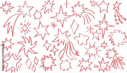 Hand-drawn cosmic sparks meteorites and twinkling stars in crayon and charcoal doodle style