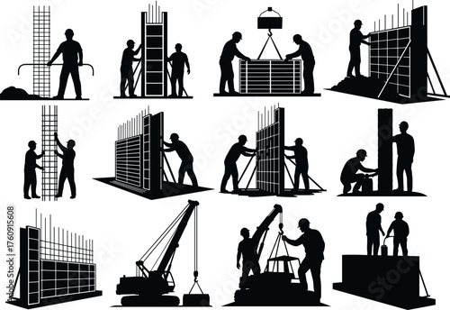 Construction, Workers, Rebar, Formwork, Silhouette, Vertical, Wall, Structure, Assembly, Crane, Tools, 
