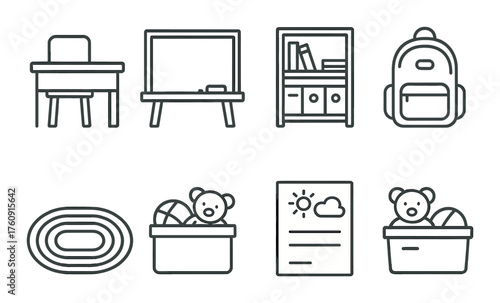 Monochrome classroom icons: desk, chalkboard, bookshelf, backpack, rug, toys, weather