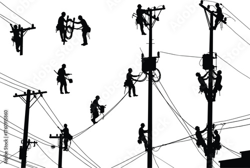 Utility, Pole, Workers, Silhouette, Electrical, Infrastructure, Transformer, Wiring, Safety, Harness, Tools, Equipment, Technician, Labor, Task, Maintenance, Structure, Climbing, Insulator, Crossarm