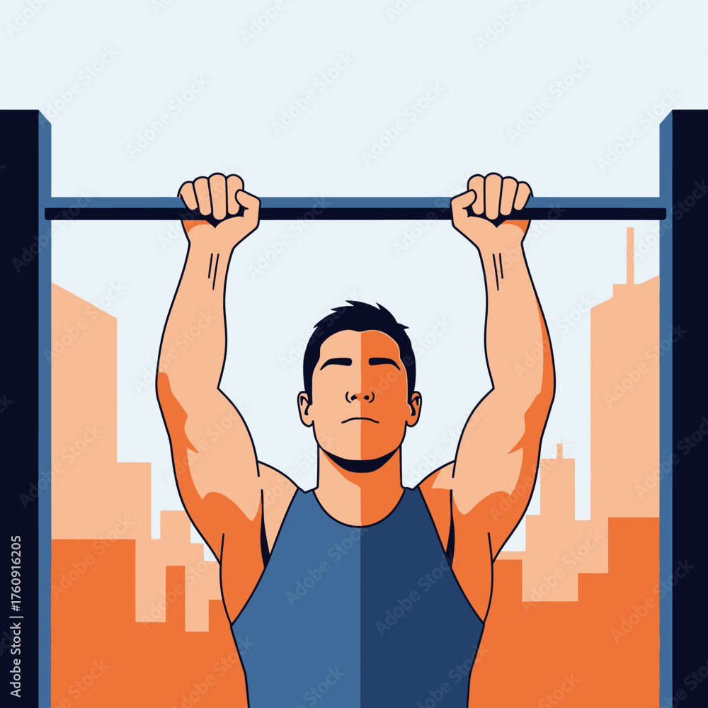 Naklejka premium Athletic man in a blue tank top doing pull ups vector illustration.