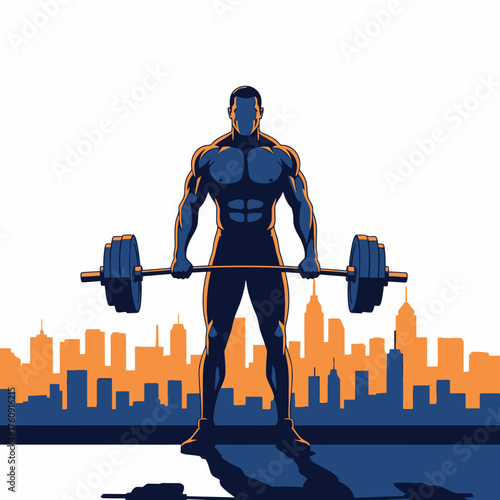 Silhouette of a Muscular Man Lifting a Barbell with City Skyline in Background