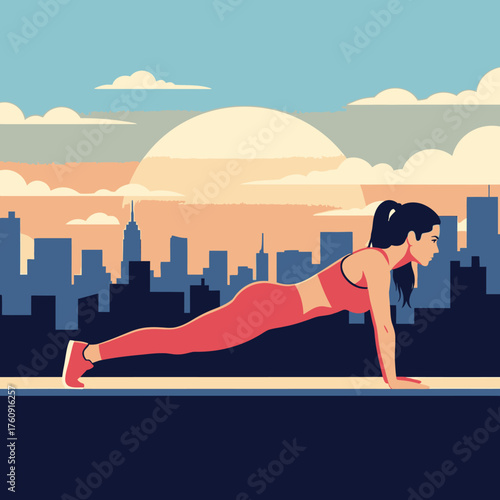 Fit young woman doing a push-up exercise on a rooftop overlooking a cityscape at sunset