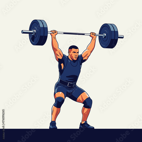 Illustration of a powerful weightlifter performing an overhead lift with a heavy barbell during an intense gym workout