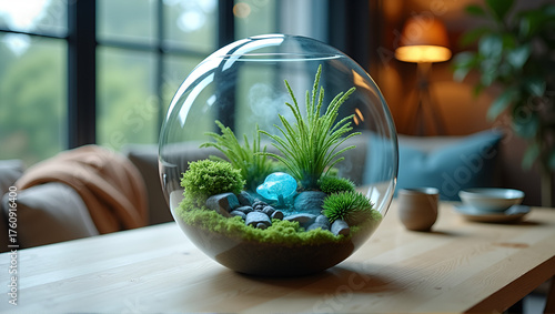 Bioluminescent Spherical Terrarium on Minimalist Desk