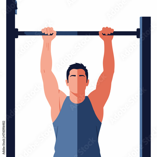 Strong Man Engaged in Intense Pull-Up Exercise on a Bar.