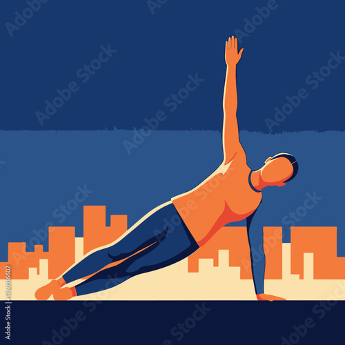Man performing side plank exercise with arm raised high.